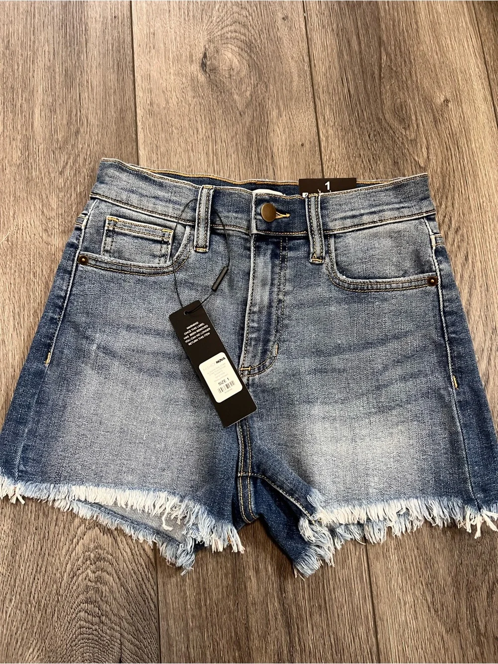 NWT-Fashion Nova Women's Blue Denim Star Patch Frayed Hem Shorts
